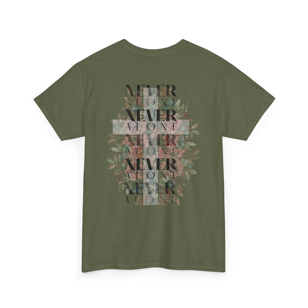 Never Alone Christian Tee | Faith-Based Minimalist Graphic Shirt | Soft Floral Cross Design