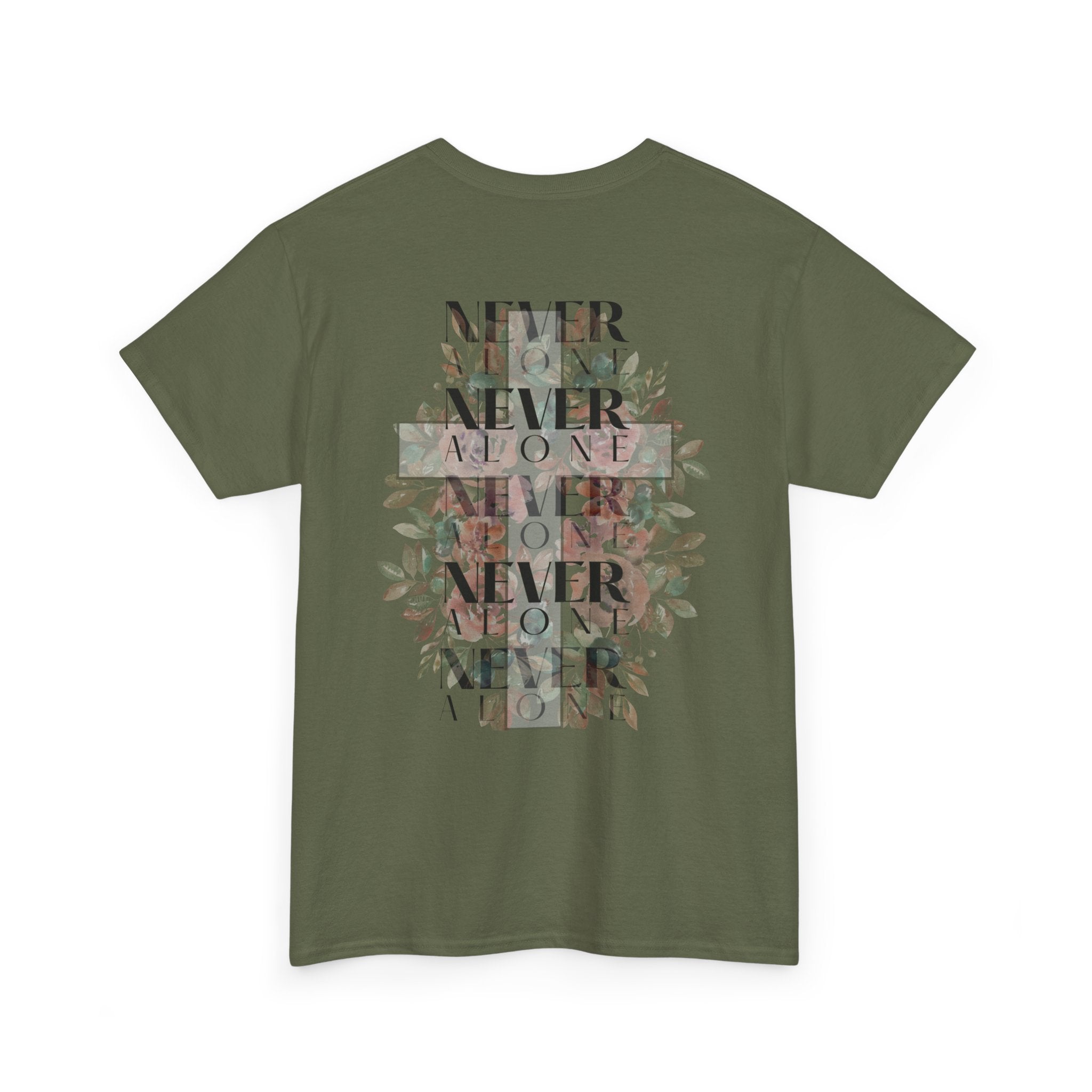 Never Alone Christian Tee | Faith-Based Minimalist Graphic Shirt | Soft Floral Cross Design
